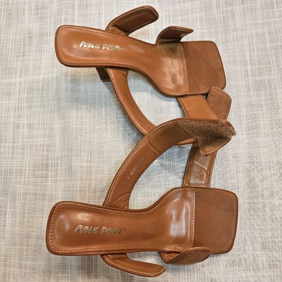 NWOT PUBLIC DESIRE Tan Velcro Double Strap Square Toe Heeled Kora Mules size 4 - Picture 6 of 10